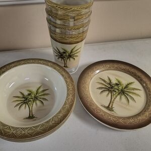 Palm Tree Dinnerware Set - Cream and Brown